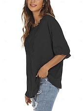 preiswerte Damen Einfache Oberteile-Damen Hemd Einfarbig Blumen Lässig Boho Dreiviertelarm Ellbogenärmel Rundhalsausschnitt Normale Oberteile Täglich Ausgehen Rüsche Bestickt Schwarz Weiß Rote Khaki Sommer