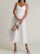 preiswerte Hochzeitskleider-Verlobung Kleine Weiße Kleider Hochzeitskleider A-Linie V Ausschnitt Spaghettiträger Tee-Länge Satin Brautkleider Mit Gerafft 2025