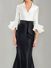 preiswerte SCHWARZ-schwarz-weißes Abendkleid Meerjungfrau/Trompete Abendkleid elegantes Kleid formelle Hochzeit bodenlang Halbarm Hemdkragen Stretch-Satin mit Rüschen 2025