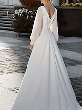 abordables robes de mariée décontractées-Robes de mariage décontractées A-Line col en V manches longues longueur sol crêpe extensible robe invitée de mariage robes de mariée simples avec ceinture en perles