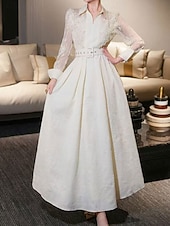 preiswerte Bodenlänge-A-Linie Brautmutter Kleid Eleganter Hemdkragen Knöchellang Polyester Langarm mit Spitze Gurt  Band