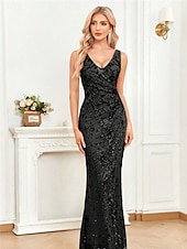 abordables Champagne-Robe de quinzième anniversaire sirène  trompette élégante robe formelle invitée de mariage longueur sol sans manches décolleté en V sequins dos en V avec fente en sequins