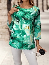 billige Kvinnenes Kunst &amp; Design Topper-Dame Bluse Grafisk Marmortrykk Elegant Bohem Årgang 3/4 ermer Crew-hals Vanlige topper Daglig Ferie Ferieklær Trykt mønster Rød Blå Lilla Grønn Sommer Vår
