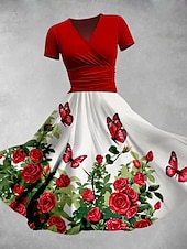 ieftine Rochii florale-Pentru femei Rochii Midi Rochie de vară Rochie Fit And Flare Petrecere Casual Zilnic Concediu Fit regulat Floral Grafic Manșon scurt În V Galben Roșu-aprins Albastru piscină Mov Vară