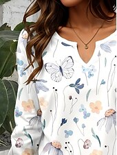 preiswerte Boho-T-Shirt-Damen T Shirt Blumen Grafik Pflanzen Vintage Stilvoll Klassisch Langarm V Ausschnitt Einkerbiger Ausschnitt Normale Oberteile Täglich Druck Khaki Rosa Leicht Blau Frühling Herbst