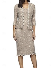 cheap Tea Length-Two Piece Dress Sets Mother of the Bride Dress Elegant Square Neck Knee Length Lace 3/4 Length Sleeve with Lace