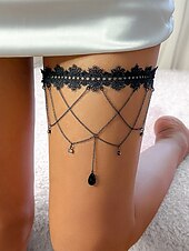 levne Halloweenské doplňky-Dámský gotický vintage krajkový řetízek na stehno s červeným krystalovým řetízkem - elastické šperky na stehna pro halloweenské párty, cosplay a vintage příležitosti