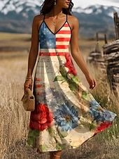 ieftine Rochie de Ziua Independenței-Rochie maxi patriotică pentru femei rochie în linie A rochie tip slip pentru vacanță casual grafic cu steagul american fără mâneci cu decolteu în V bretele spaghetti galben deschis roșu bleumarin