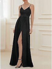 preiswerte Kleider für Hochzeitsgäste-A-Linie Hochzeitsgast Kleider Elegantes Kleid Hochzeitsgast Verlobung Bodenlang Ärmellos V-Ausschnitt Lurex-Stoff mit Falten Raffung Schlitz