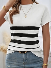 billige Grafiske mønstre og detaljer-Dame Bluse Stripet Stilfull Fritid Kortermet Crew-hals Vanlige topper Daglig Lapper Svart Hvit Brun Kakifarget Sommer
