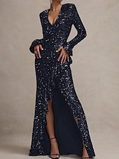 abordables NOIR-Robe de soirée sirène  trompette paillettes extensibles élégante robe de mariage formelle longueur sol manches longues encolure carrée étincelante avec volants et fente