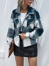 preiswerte Hemdjacken-Damen Hemdjacke Freizeitjacke Bequem Tasche Knöpfe Mode Outdoor Karomuster Ausgehen Wochenende Reisverschluss Regulär Revers Normale Passform Langarm Oberbekleidung Grün Grau Herbst Winter