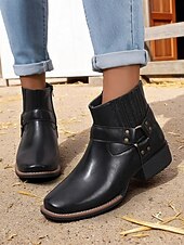 abordables Cowboy et bottes occidentales-bottines pour femmes avec fermeture éclair latérale et détail de sangle, similicuir, chaussures de travail de style occidental pour les tâches agricoles en plein air, la fête des récoltes et le port quotidien