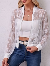 cheap Blazers &amp; Suits-Women&#039;s Bomber Jacket Breathable Comfortable Lace Patchwork Zipper Elegant Casual Plain Street Casual Daily Wear Zipper Short Stand Collar Regular Fit Long Sleeve Outerwear White Summer