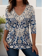 billige Boho t-skjorte-Dame T skjorte Grafisk Planter Årgang Elegant Bohem Årgang Langermet V-hals Vanlige topper Daglig Ut på byen Helg Trykt mønster Svart Hvit Rosa Dusty Rose Rød Vår Høst