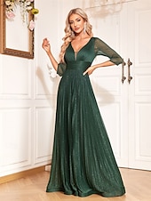 economico VERDE-Linea ad A Abiti da Quinceanera Elegante Vestito Formale Matrimonio Lunghezza al pavimento Manica Lunga Scollo a V Chiffon con Pieghe 2025