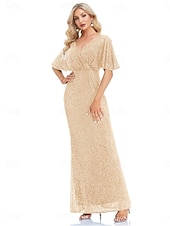 economico BLU-Abiti da festa per quindici anni sirena  tromba abito elegante formale da matrimonio lunghezza a terra maniche corte scollatura a V poliestere con glitter