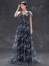 economico BLU-Abiti Quinceanera A-Line abito elegante formale lungo senza maniche scollatura a V in chiffon con stampa floreale