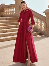ieftine verde-Rochie de seară elegantă, linie A, rochie formală pentru invitați la nuntă, lungime podea, mânecă lungă, guler cămașă, buzunar, satin cu crăpătură 2025