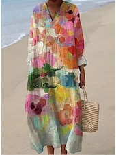 preiswerte Blumenkleider-Damen Midikleid Sommerkleid A Linie Kleid Urlaub Lässig Boho Party Ausgehen Strand Blumen Grafik Abstrakt Langarm V Ausschnitt Asche Weiß Gelb Rosa Sommer Frühling