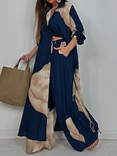 billiga Blusdräkter för kvinnor-Dam Elegant bohemliv Semester Skjorta Byxuppsättningar Långärmad Tröjkrage Grafisk Lappverk Utomhus Semester Fest Rödvin Marin Blå Sommar Lös passning