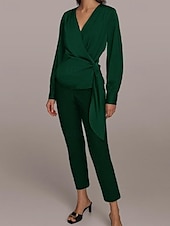 cheap Mom&#039;s Pant Suits-Two Piece Jumpsuit / Pantsuit Pantsuit Mother of the Bride Pantsuit Elegant Vintage Simple V Neck Ankle Length Satin Top Stretch Crepe Pants V Long Sleeve with Bow(s) Ruched