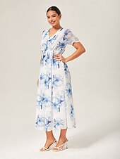 abordables Robes fleuries élégantes-robe longue en mousseline délavée à fleurs bleues