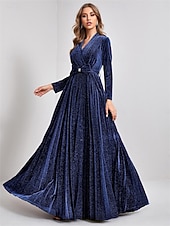 levne Polos formální / Koktejl-Třpytivé A-line párty šaty elegantní šaty formální svatební dlouhá délka dlouhý rukáv v krku do V samet s sklady