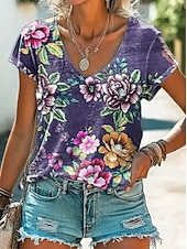 ieftine tricou boho-Pentru femei Tricou Floral Grafic Imprimeu Paisley Epocă Stilat Clasic Manșon scurt În V Topuri obișnuite Zilnic Imprimeu Negru Galben Roz Îmbujorat Roșu-aprins Mov Vară Primăvară