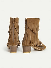 billiga Kvinnor-Bruna damsandaler med mockafransar och blockklack – bohemiska stövlar med öppen tå i västerländsk stil för musikfestivaler, sommarkläder och vardagskläder