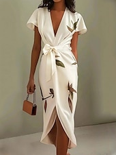 abordables Robes fleuries-Femmes Robe Midi Robe Portefeuille Vacances Occasionnel Extérieur Sortir Plage Mince Fleuri Graphique manche longue Col en V Blanche Été Printemps
