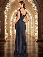 abordables NOIR-Robe de quinceañera sirène  trompette robe élégante de formalité mariage longueur au sol sans manches décolleté en V polyester dos en V avec perles
