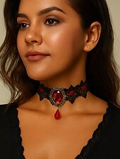 abordables Collier pour femme-Collier ras du cou gothique en dentelle pour femme avec pendentif en pierre rouge, bijou vintage en velours noir pour fête d&#039;Halloween et cosplay costumé