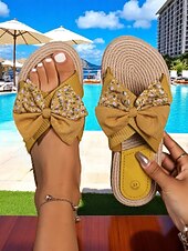 cheap Vacation Sandals-Women&#039;s Floral Bow Slip-On Rope Sandals – Cute Summer Beach Slides with Woven Sole for Vacations, Garden Parties, and Casual Daily Wear