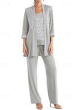 preiswerte Hosenanzüge für Mama-Overall / Hosenanzug Dreiteilig Hosenanzug Brautmutterkleid Elegant Vintage Einfach U-Boot-Ausschnitt Knöchellänge Stretch Chiffon Halbarm mit Spitze Paillette Stickerei 2025