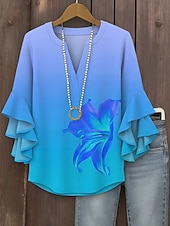 preiswerte Damen Kunst- und Design-Oberteile-Damen Bluse Ombre Blumen Grafik Vintage Täglich Ethnisch Dreiviertelarm V Ausschnitt Normale Oberteile Täglich Ferien Urlaubskleidung Druck Blau Purpur Orange Sommer Frühling
