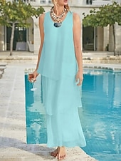 economico Lunghezza del pavimento-Matrimonio in Spiaggia Abito Madre della Sposa Linea A Ospite di Matrimonio Elegante Semplice Collo a V Lunghezza Caviglia Chiffon Senza Maniche con Strati Colore Solido 2025 misura personalizzata