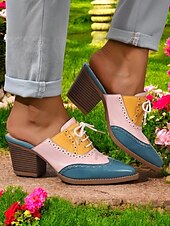 abordables Années 1950-Mules à talons Oxford colorblock pour femmes – chaussures brogues rétro à bout golf pour les amatrices de vintage, les tenues de bureau et les sorties décontractées