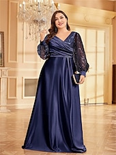 abordables VERT-Robe A-Line Grande Taille Élégante Robe Courbe De Mariage Formelle Longue Au Sol Manches Longues Col en V En Polyester Avec Plis 2025