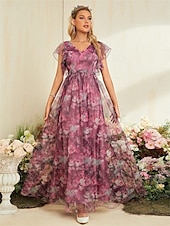economico BLU-Abiti Quinceanera A-Line abito elegante formale lungo senza maniche scollatura a V in chiffon con stampa floreale