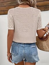 abordables T-shirt uni-Femmes T-shirt Uni Mode Moderne Occasionnel Manche Courte Col en V Hauts Réguliers Quotidien Week-end Œillet Beige Été