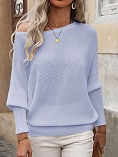 ieftine Culori Solide-Pentru femei Pulover Plover Șic Stradă Casual Culoare solidă Striat De Pe Umăr Tricotat Manșon Lung Topuri obișnuite Tricotat Ieșire Sfârșit de săptămână Alb Mov Toamnă