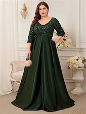 preiswerte GRÜN-A-Linie Plus-Size Kleider Elegantes Kurvenkleid Formelle Hochzeit Bodenlänge 3/4 Länge Ärmel V-Ausschnitt Satin mit Pailletten