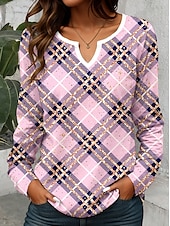 abordables T-shirt rayé et géométrique-Femmes T-shirt Graphique Géométrique Plaid ancien Élégant Classique manche longue Col en V Encolure en V Hauts Réguliers Quotidien Week-end Impression 3D Imprimé Vert Claire Rose Claire Bleu clair