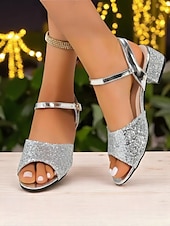 abordables Fiesta Nocturna-Sandalias de tacón cuadrado con purpurina en oro rosa para mujer: zapatos de fiesta brillantes con punta abierta y correa en el tobillo para eventos nocturnos y clubes.