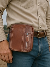 cheap Men&#039;s Bags-Men&#039;s genuine leather messenger bag with zipper pocket, Retro style, Can be inserted into the belt to use as a waist bag, Suitable for outdoor travel, Hiking, Camping or western cowboy wear