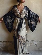 abordables Robes Bohémiennes-Femmes Robe Longue Maxi Robe Robe Décontractée Robe évasée Robe d&#039;été Mode Moderne Quotidien Fête Plage Coupe régulière Fleuri manche longue Col en V Vin bleu marine Bleu Violet Été Printemps