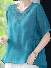 cheap Sets-Women&#039;s Cotton Linen Shirts Solid Color Elegant Stylish Basic Short Sleeve V Neck Regular Tops Daily Embroidered Blue Summer Spring