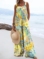 abordables combinaison de vacances-Femmes Combinaison Actif Fleuri Sans manches Jambe large Vacances Rue Coupe Ample Jaune Rose Claire Rouge Été