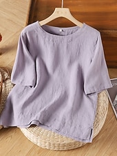 abordables Chemises-Femmes Chemise Haut en Coton Blanc Couleur Unie Élégant ancien Basique Manche Courte Col ras du cou Hauts Réguliers Quotidien Sortir Week-end Blanche Jaune Rose Claire Violet Vert Été Printemps